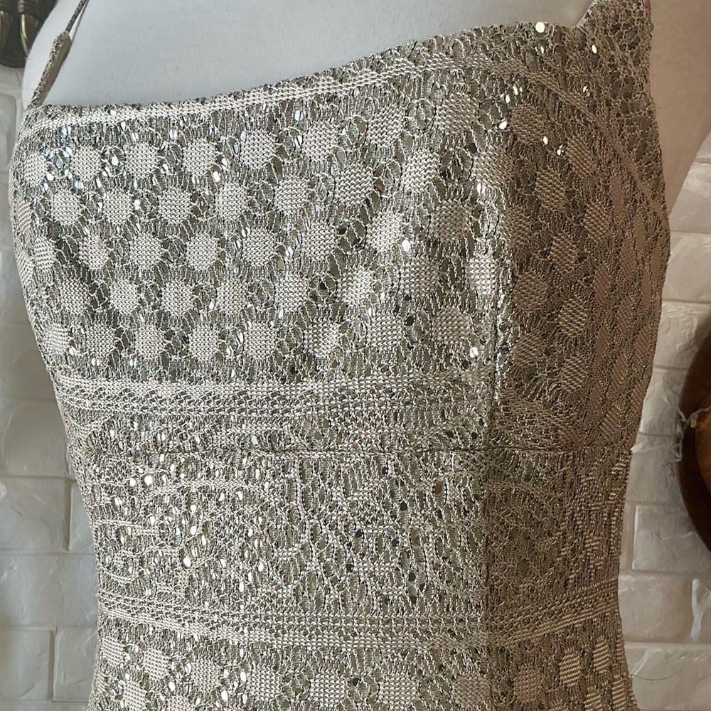 Vintage 90s Y2K Michelangelo Rhinestone Spaghetti Strap Gold Crochet Sequin Gown - Picture 6 of 14